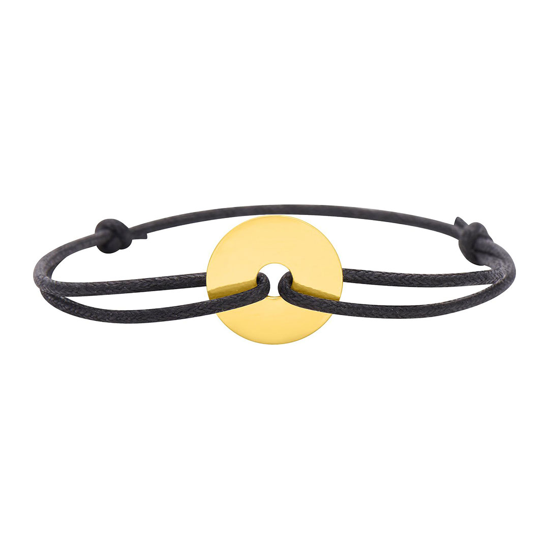 Bracelet cordon noir disque or